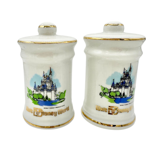 Vtg Walt Disney World Castle Salt and Pepper Shakers Japan Porcelain White Gold