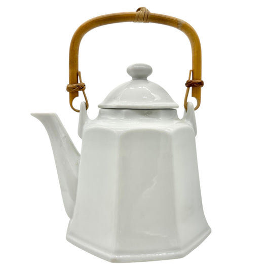 Pier 1 Imports Teapot with Lid White Ceramic With Bamboo Handle Japan