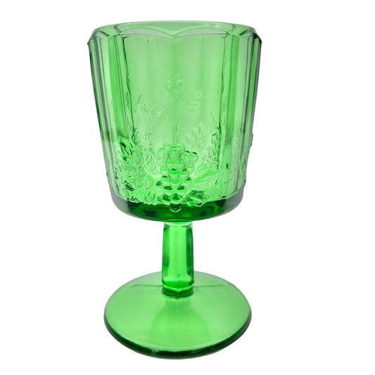 Vintage Green Depression Glass Goblet Embossed Grape Vine Design 6" H x 3" Dia