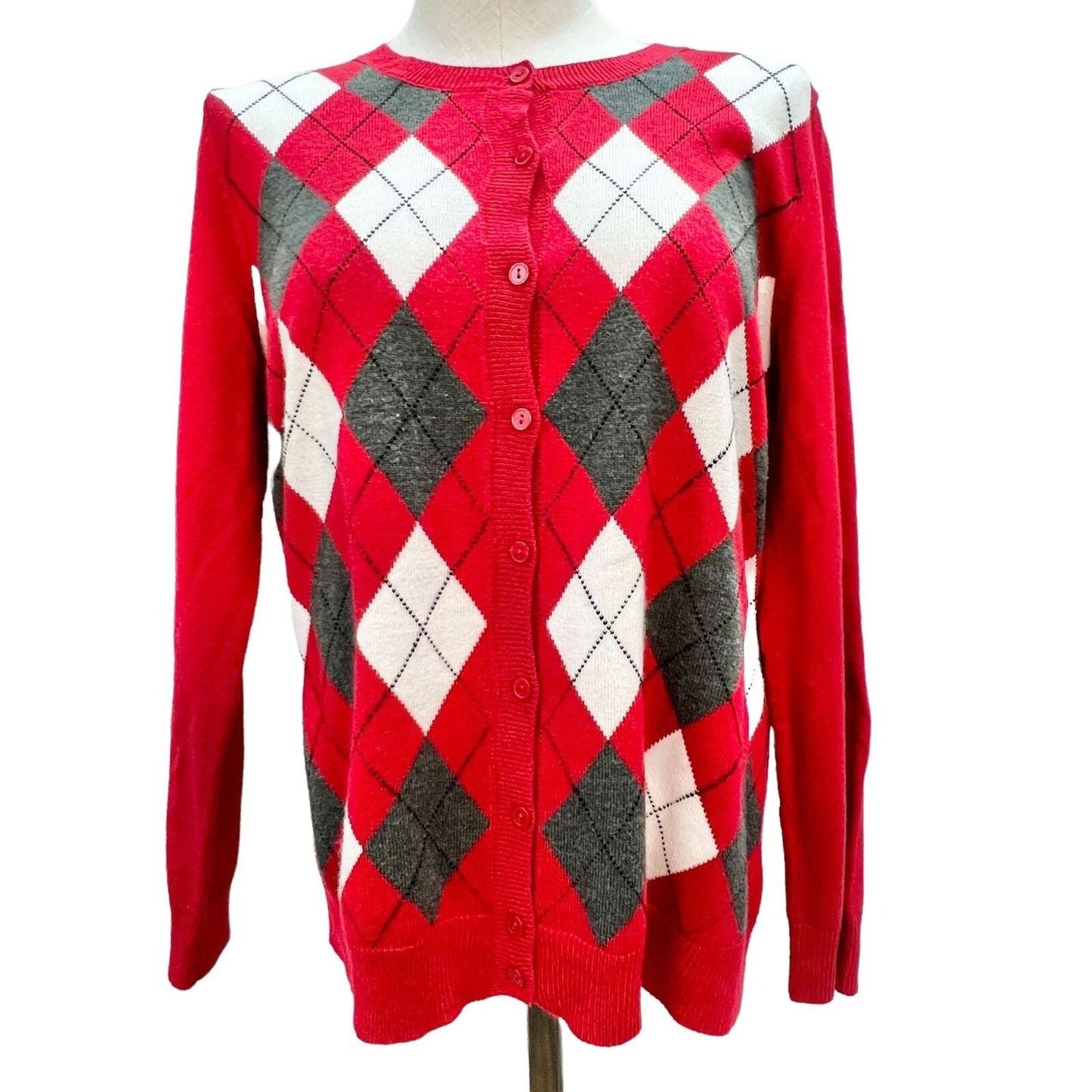 Croft & Barrow Cardigan Sweater Womens Medium Argyle Red Gray White Acrylic