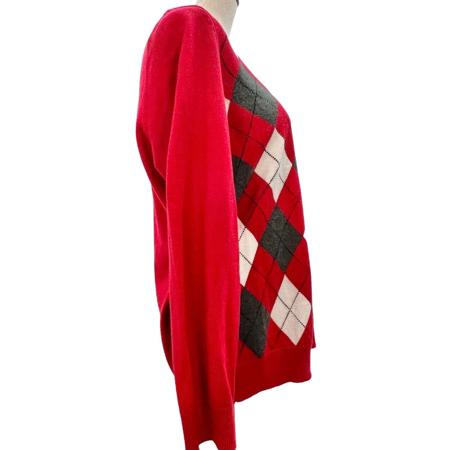 Croft & Barrow Cardigan Sweater Womens Medium Argyle Red Gray White Acrylic