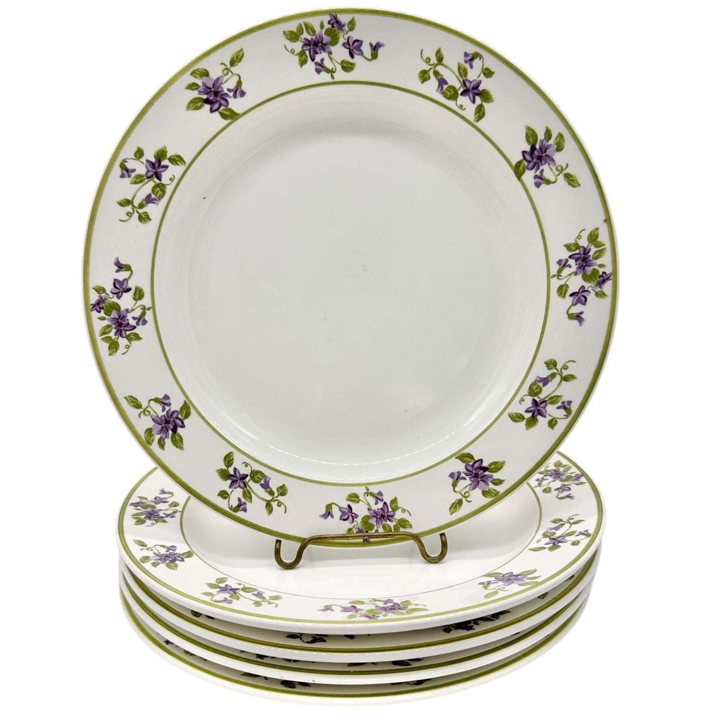 MSE Set Of 5 Lunch Plates 9 inch White With Green Trim Purple Floral Design