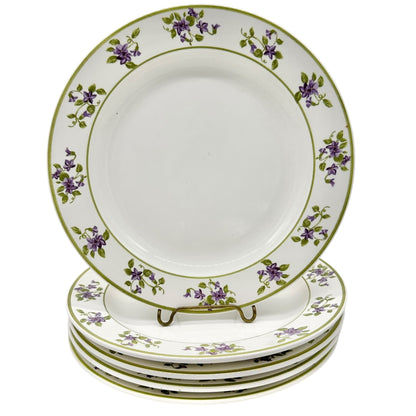 MSE Set Of 5 Lunch Plates 9 inch White With Green Trim Purple Floral Design