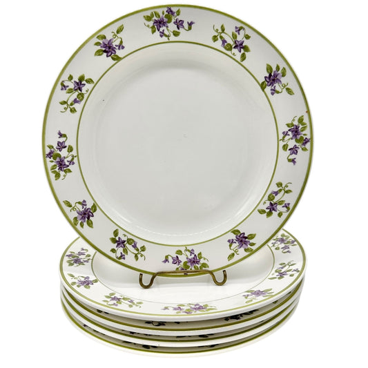 MSE Set Of 5 Lunch Plates 9 inch White With Green Trim Purple Floral Design