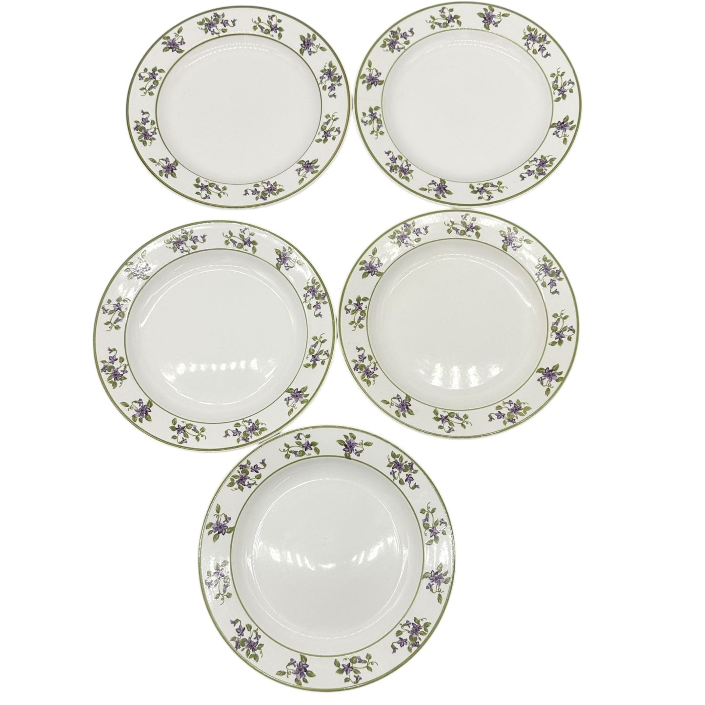 MSE Set Of 5 Lunch Plates 9 inch White With Green Trim Purple Floral Design