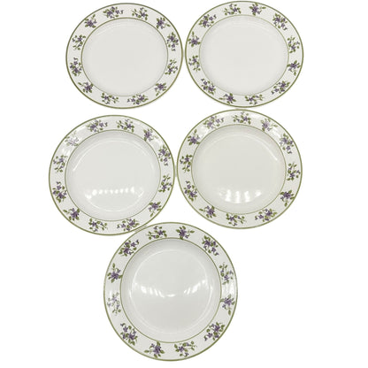 MSE Set Of 5 Lunch Plates 9 inch White With Green Trim Purple Floral Design