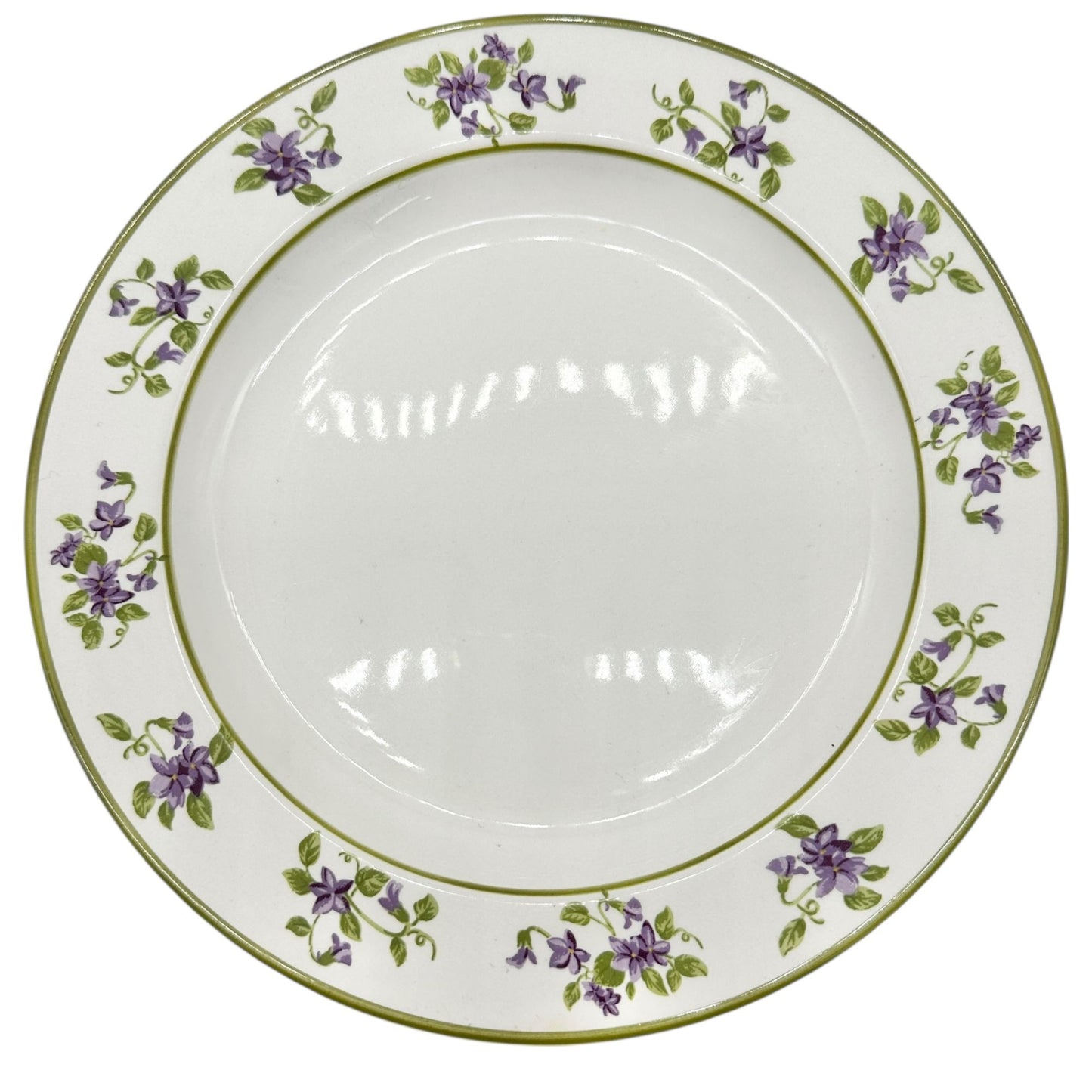 MSE Set Of 5 Lunch Plates 9 inch White With Green Trim Purple Floral Design