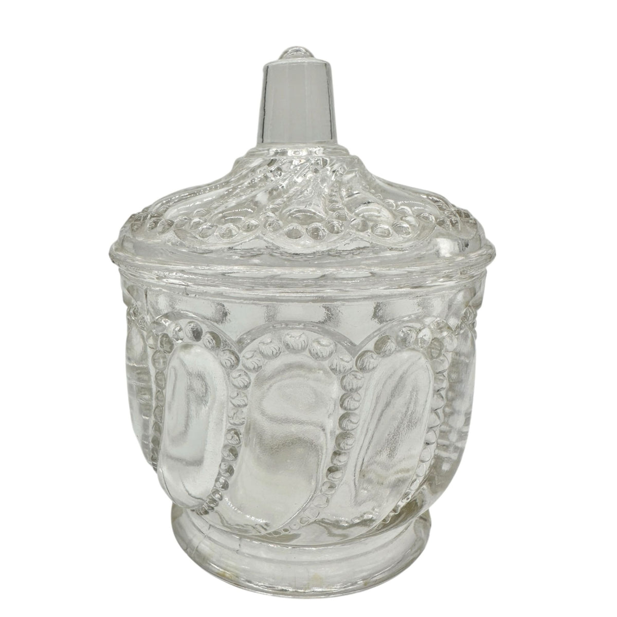 Beaded Swirl Clear Glass Lidded Sugar Bowl EAPG Childrens Tableware 4"H Vintage