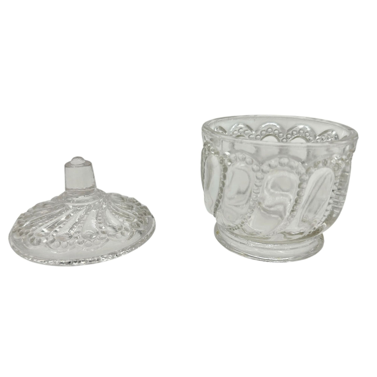 Beaded Swirl Clear Glass Lidded Sugar Bowl EAPG Childrens Tableware 4"H Vintage