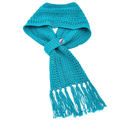 Handmade Crochet Scarf With Button Detail Fringed Ends Aquamarine Silver 54 x 8