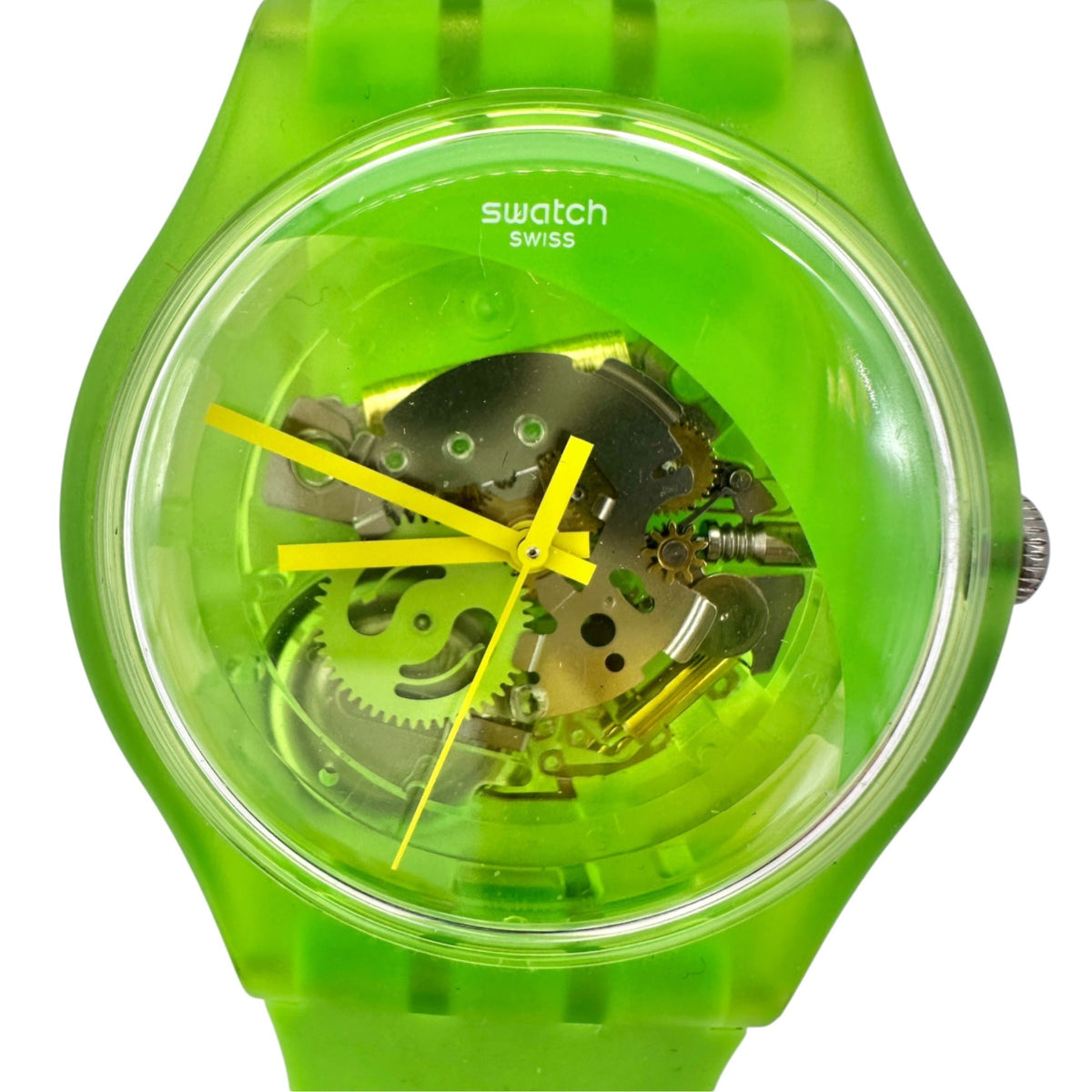 Swatch Neon Green and Yellow Swiss Quartz Watch Transparent Dial and New Battery