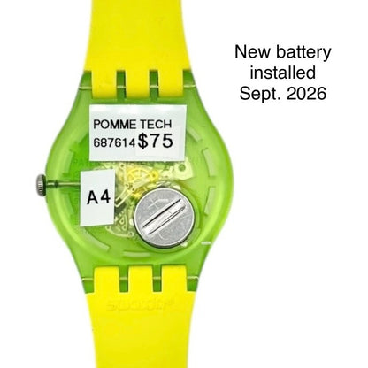 Swatch Neon Green and Yellow Swiss Quartz Watch Transparent Dial and New Battery