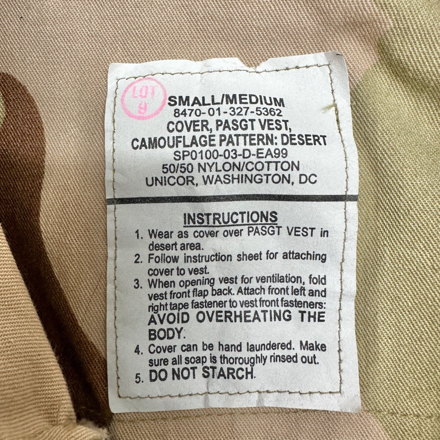 Desert Camouflage Unicor PASGT Vest S/M Nylon Cotton Tactical Cover Brown Green