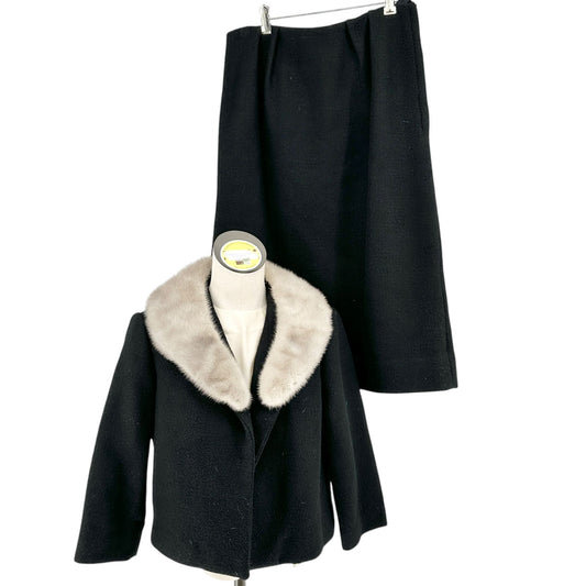 Vtg Handmade Womens Wool Suit Faux Fur Collar Jacket Shell Top Skirt Black Beige