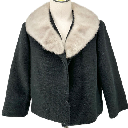 Vtg Handmade Womens Wool Suit Faux Fur Collar Jacket Shell Top Skirt Black Beige