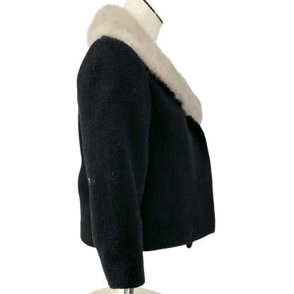 Vtg Handmade Womens Wool Suit Faux Fur Collar Jacket Shell Top Skirt Black Beige