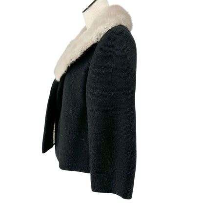 Vtg Handmade Womens Wool Suit Faux Fur Collar Jacket Shell Top Skirt Black Beige