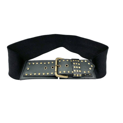 Hailey Jeans Co Belt Womens Medium 37x3 inch Black Gold Embellishments Elastic