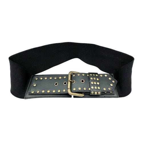 Hailey Jeans Co Belt Womens Medium 37x3 inch Black Gold Embellishments Elastic