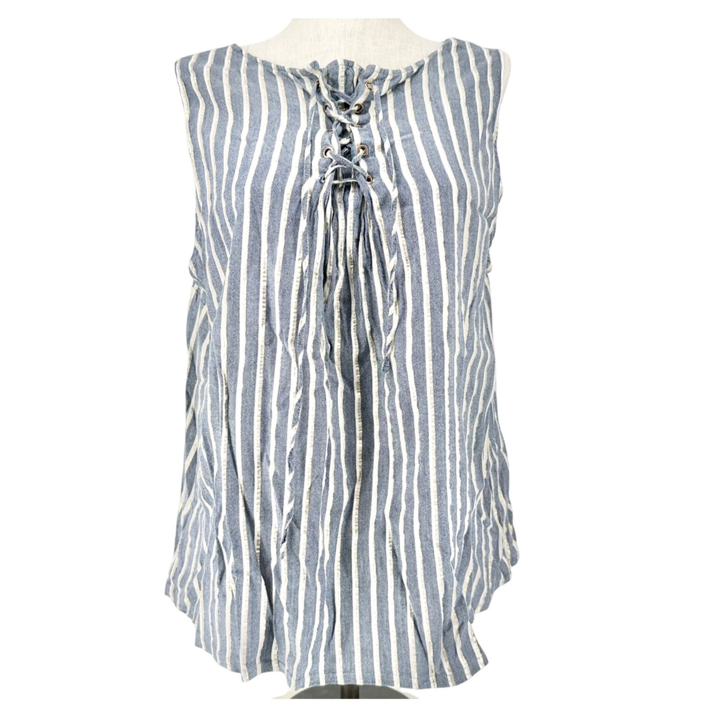 Striped Sleeveless Tunic Top 2X Lace Up Front Accent Rayon Blend Blue White