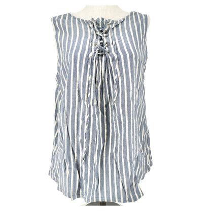 Striped Sleeveless Tunic Top 2X Lace Up Front Accent Rayon Blend Blue White