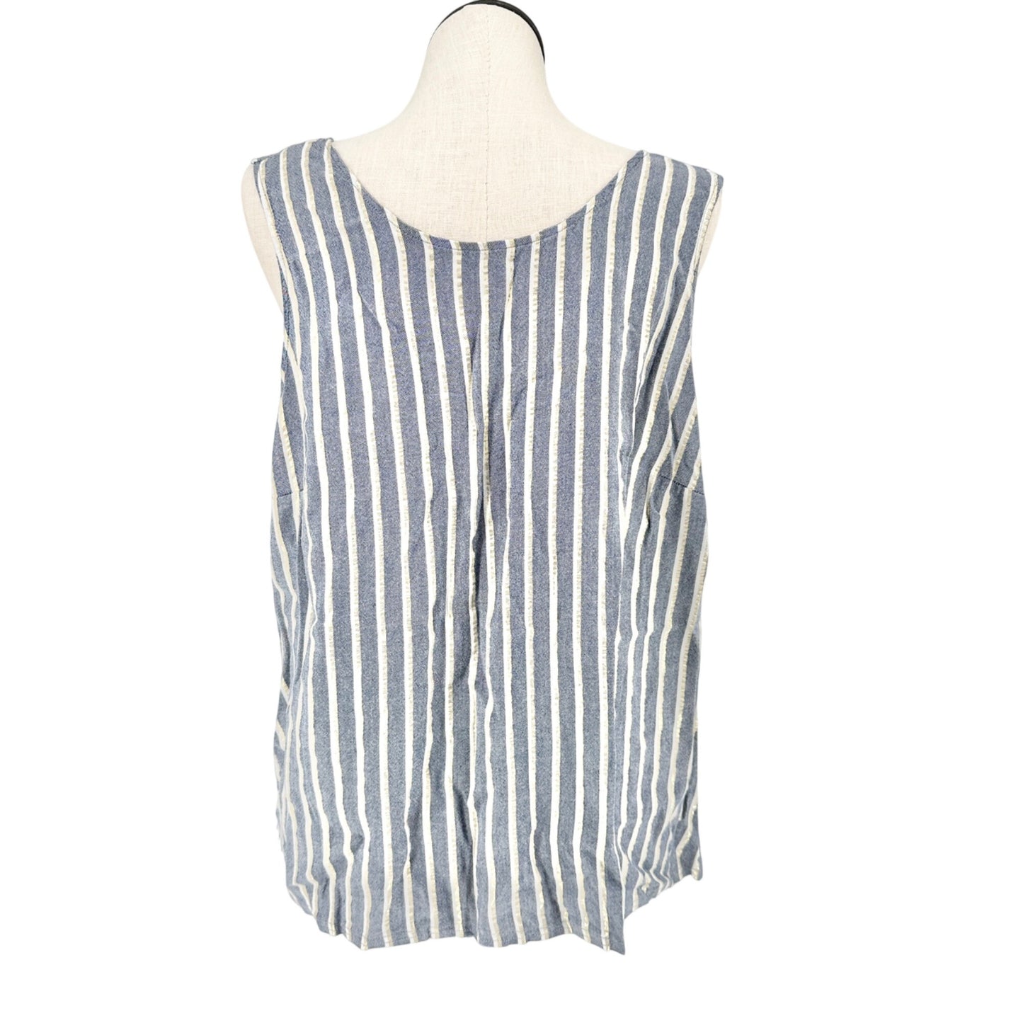 Striped Sleeveless Tunic Top 2X Lace Up Front Accent Rayon Blend Blue White