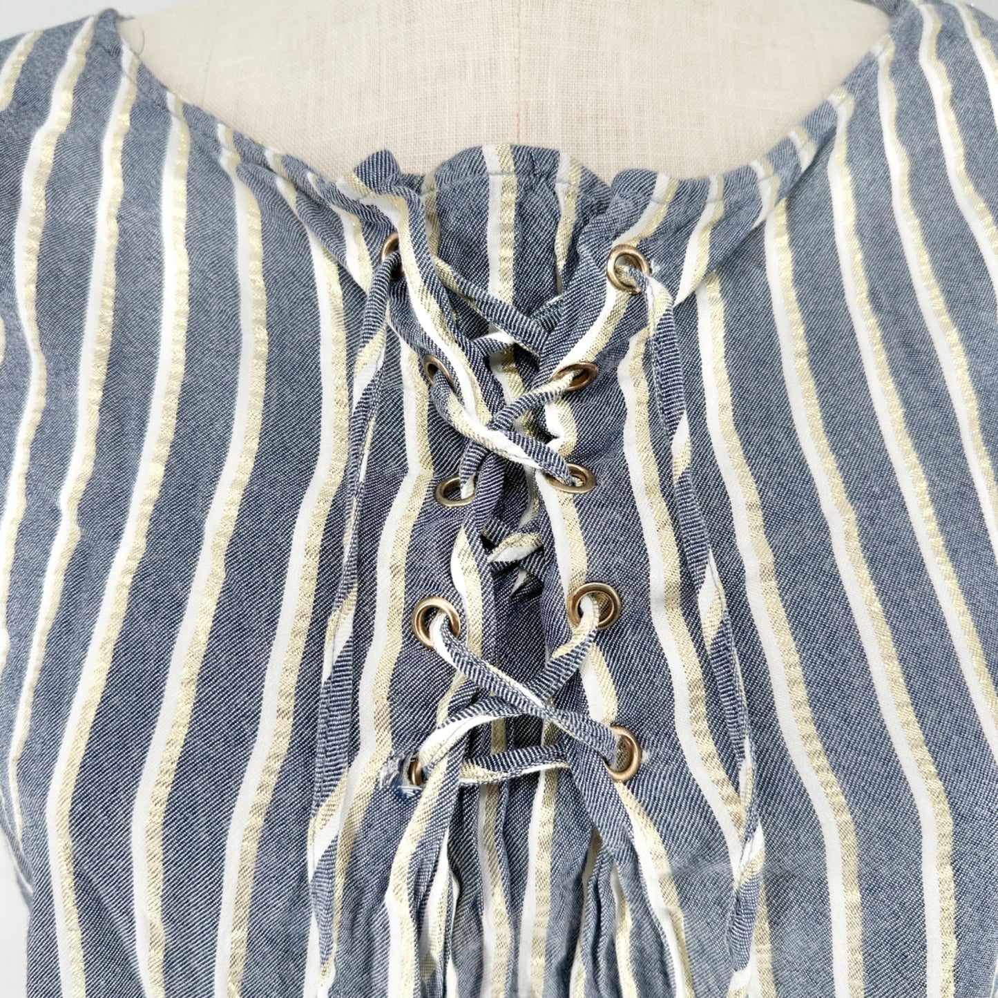 Striped Sleeveless Tunic Top 2X Lace Up Front Accent Rayon Blend Blue White