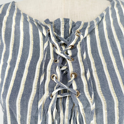 Striped Sleeveless Tunic Top 2X Lace Up Front Accent Rayon Blend Blue White