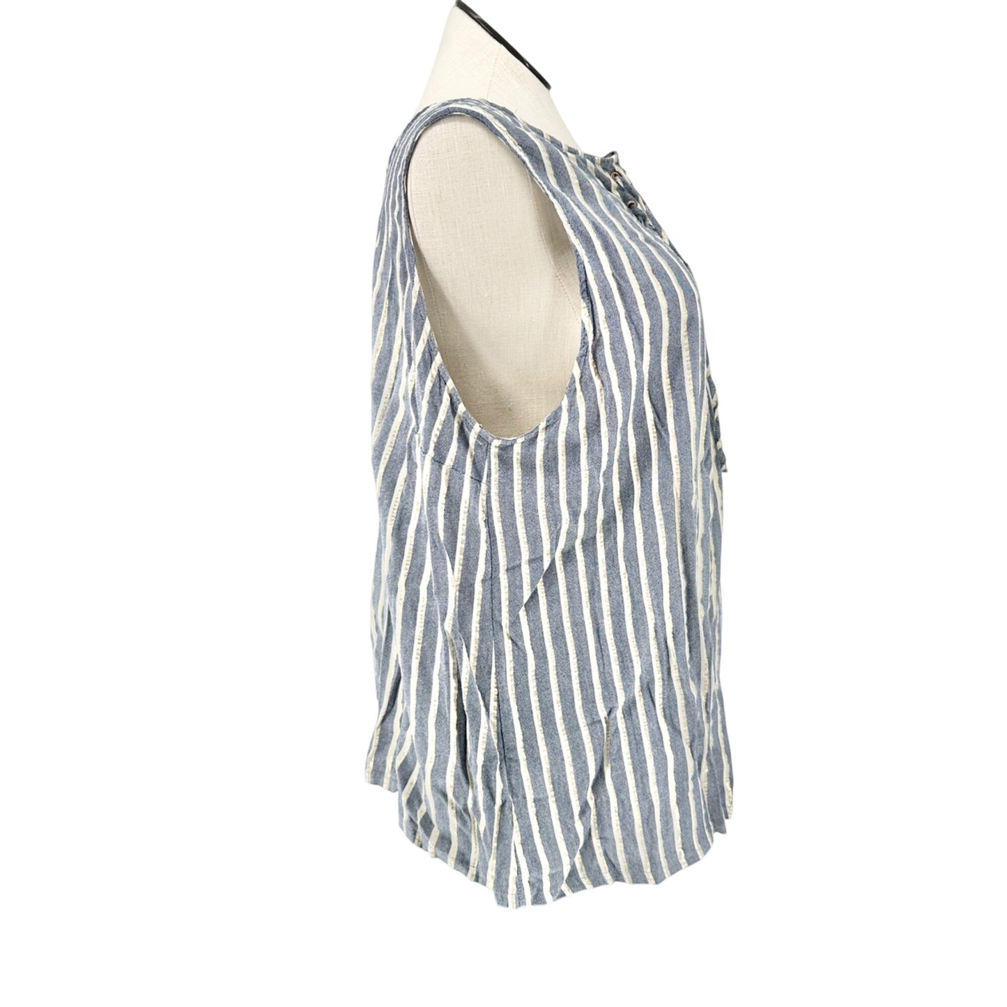 Striped Sleeveless Tunic Top 2X Lace Up Front Accent Rayon Blend Blue White