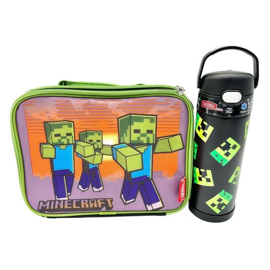 Minecraft Thermos Insulated Lunch Bag and 16oz Bottle Creeper Black Green 10x7x3