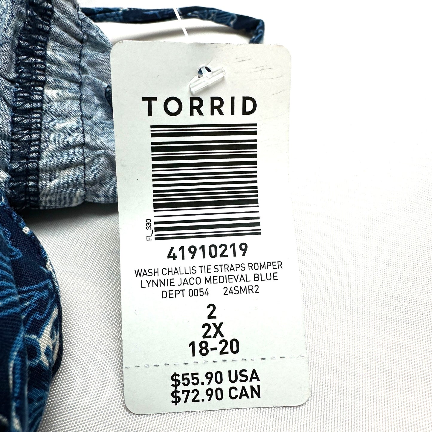 Torrid 2 Romper 2X 18 20 Wash Challis Tie Strap Romper Medieval Blue Floral Prnt
