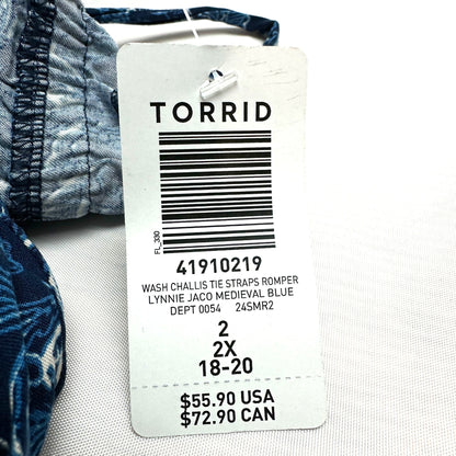 Torrid 2 Romper 2X 18 20 Wash Challis Tie Strap Romper Medieval Blue Floral Prnt