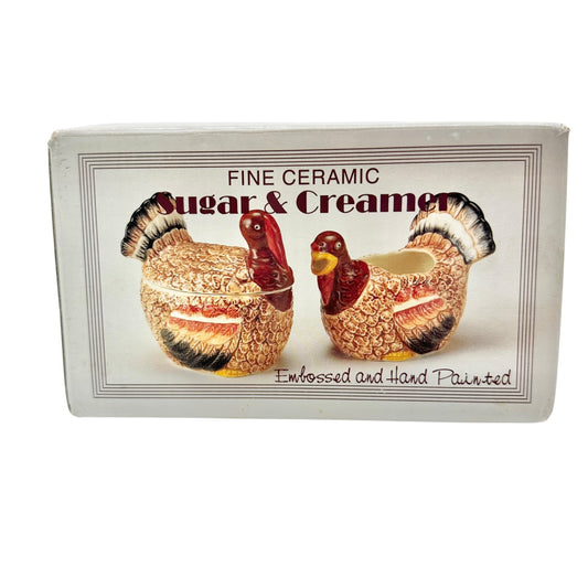 Turkey Ceramic Sugar and Creamer Set Vintage Boxed Thanksgiving Tableware