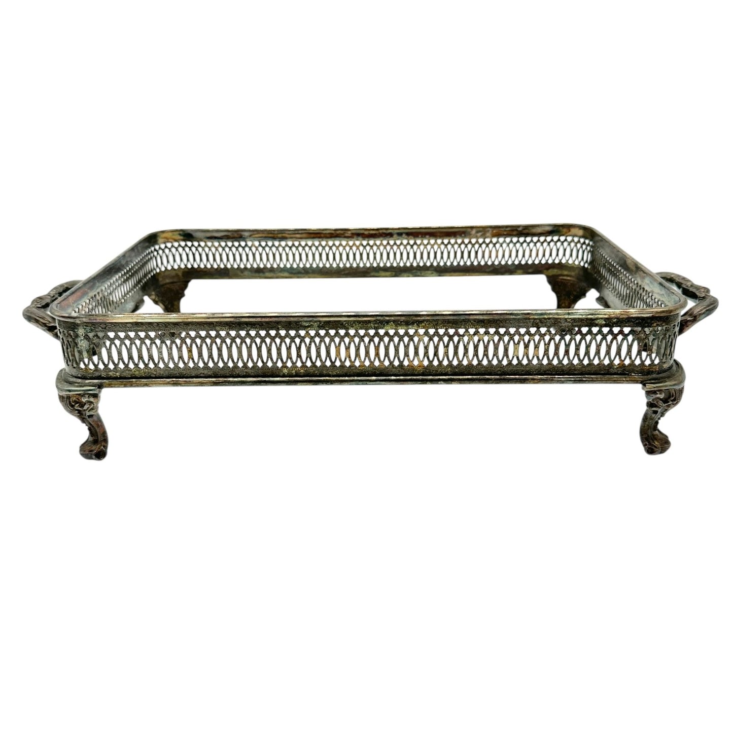 Vintage Silver Plated Rectangle Server With Ornate Handles+Feet 13x8 Elegant