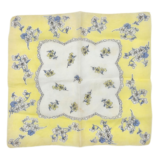 Vintage Floral Handkerchief Yellow White Cotton Square 12x12 Scalloped Detail