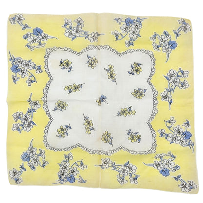 Vintage Floral Handkerchief Yellow White Cotton Square 12x12 Scalloped Detail