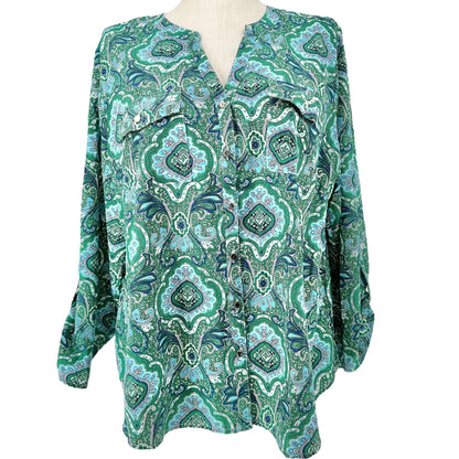 Notations Blouse Womens 2X Green Blue Paisley Roll Tab Sleeves Polyester Spandex
