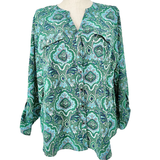 Notations Blouse Womens 2X Green Blue Paisley Roll Tab Sleeves Polyester Spandex
