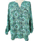 Notations Blouse Womens 2X Green Blue Paisley Roll Tab Sleeves Polyester Spandex