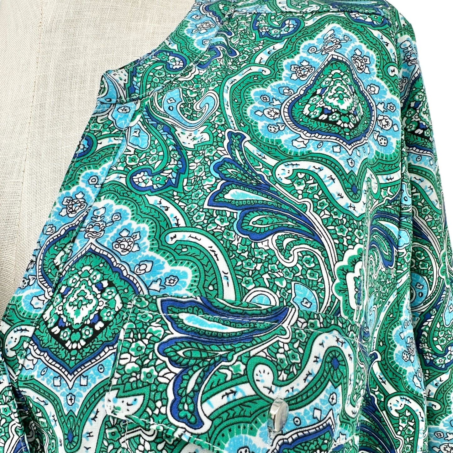 Notations Blouse Womens 2X Green Blue Paisley Roll Tab Sleeves Polyester Spandex