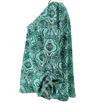 Notations Blouse Womens 2X Green Blue Paisley Roll Tab Sleeves Polyester Spandex