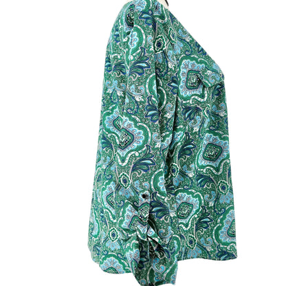 Notations Blouse Womens 2X Green Blue Paisley Roll Tab Sleeves Polyester Spandex