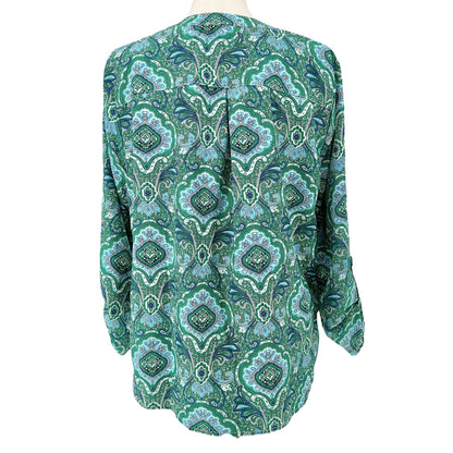 Notations Blouse Womens 2X Green Blue Paisley Roll Tab Sleeves Polyester Spandex