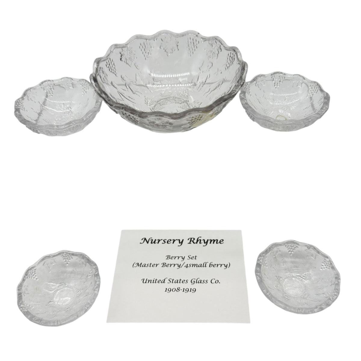 Nursery Rhyme Berry Bowl 5 PC Childrens Tableware Set by US Glass Co 1908-1919