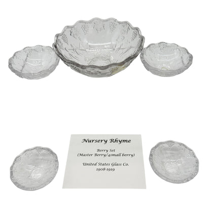 Nursery Rhyme Berry Bowl 5 PC Childrens Tableware Set by US Glass Co 1908-1919