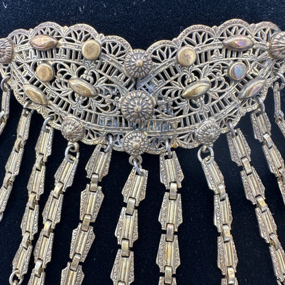 Antique Early 1900s Gold Tone Filigree Brooch Dangling Chains Teardrop Accents