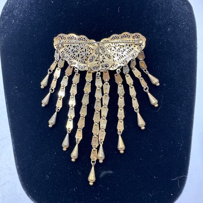 Antique Early 1900s Gold Tone Filigree Brooch Dangling Chains Teardrop Accents