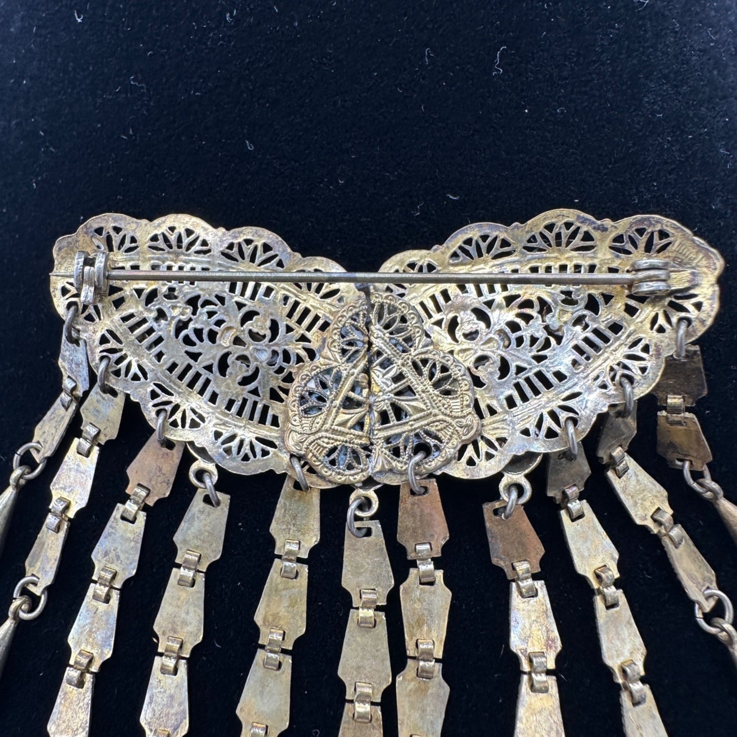 Antique Early 1900s Gold Tone Filigree Brooch Dangling Chains Teardrop Accents