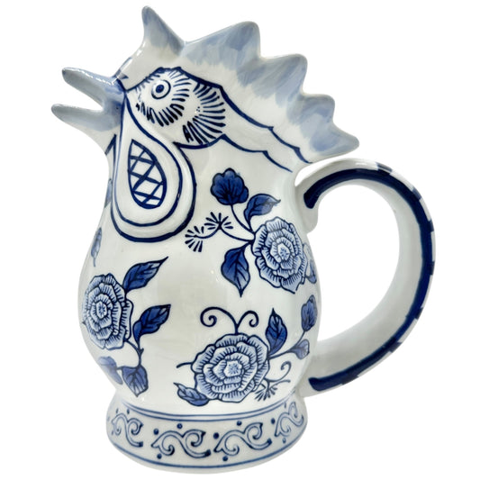 Bella Casa Rooster Pitcher Blue and White Ceramic with Floral Design 8" Tall