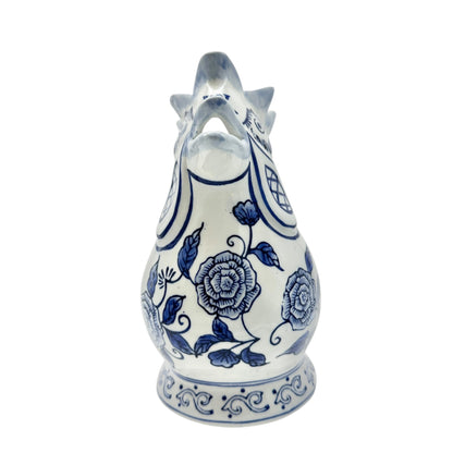 Bella Casa Rooster Pitcher Blue and White Ceramic with Floral Design 8" Tall